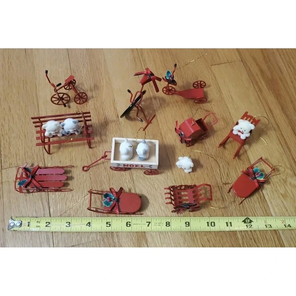 Vintage 80s Flocked Teddy Bear Christmas Ornaments Red Metal Lot Sled Wagon